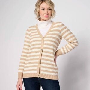 Joan Rivers Honeycomb Stripe Button-Front Cardigan Latte NWOT XL